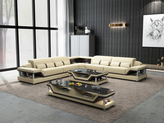 Black sectional sofa with coffee table 3-piece. Living room leather sofa set corner suite table.