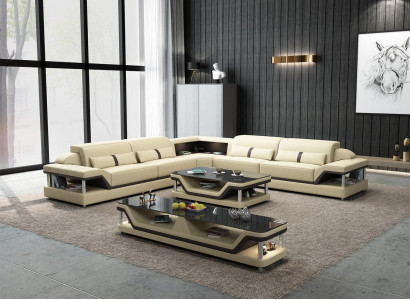 Black sectional sofa with coffee table 3-piece. Living room leather sofa set corner suite table.