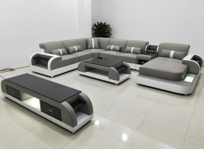 Set design living landscape corner sofa couch U-shaped coffee table leather 2-piece set