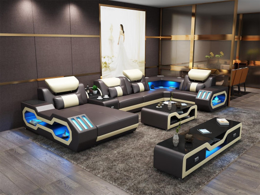 Sectional U-shaped sofa coffee table leather sofa living landscape designer sofa 2-piece set LED USB