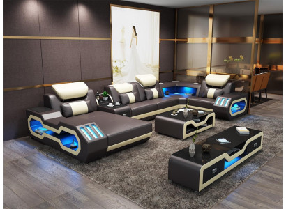 Sectional U-shaped sofa coffee table leather sofa living landscape designer sofa 2-piece set LED USB