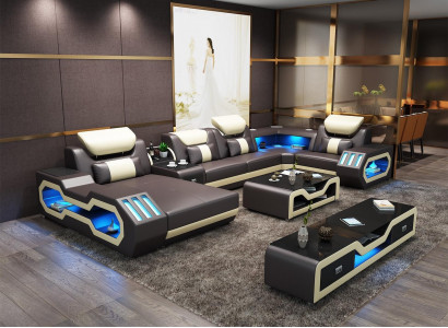 Sectional U-shaped sofa coffee table leather sofa living landscape designer sofa 2-piece set LED USB