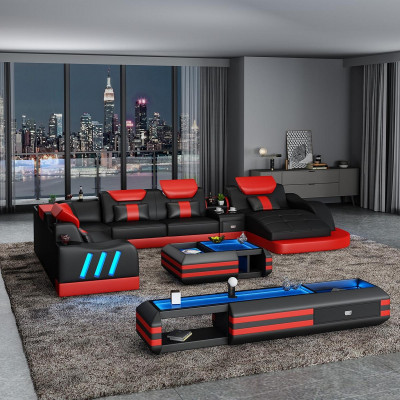 Corner sofa U-shape sideboard coffee table couch design gray upholstery leather modern 3-piece set.