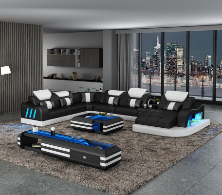 Corner sofa U-shape sideboard coffee table couch design gray upholstery leather modern 3-piece set.