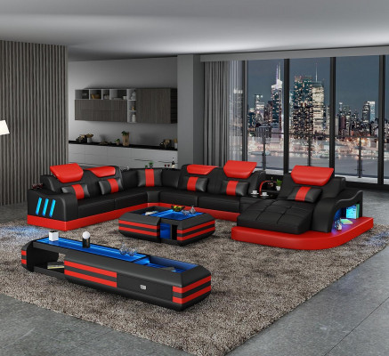 Corner sofa U-shape sideboard coffee table couch design gray upholstery leather modern 3-piece set.