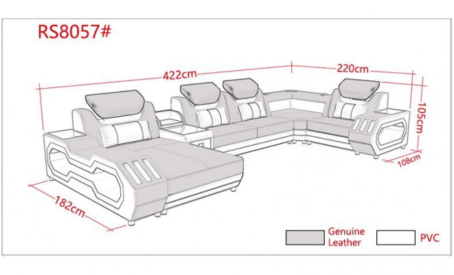 Sectional U-shaped sofa coffee table leather sofa living landscape designer sofa 2-piece set LED USB
