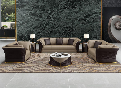 Seating group 3+2+1 seater design upholstered sofas leather relax modern new brown