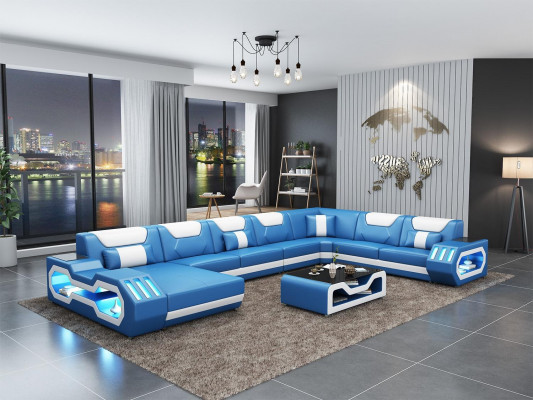 U-shaped sectional sofa coffee table couch design gray upholstery leather modern living area