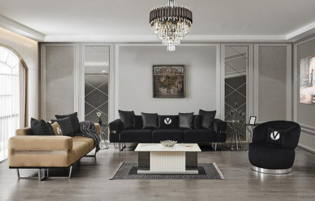 Modern living room set black sofa black armchair coffee table new