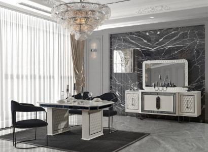 Dining room set: dining table, 4x chairs, table, armchair, sideboard, mirror, 7-piece set