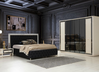 Modern bedroom set black bed + 2x bedside tables 4-piece wardrobe
