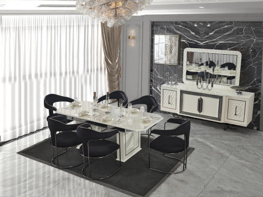 Modern dining room set white dining table 6 chairs white sideboard mirror new