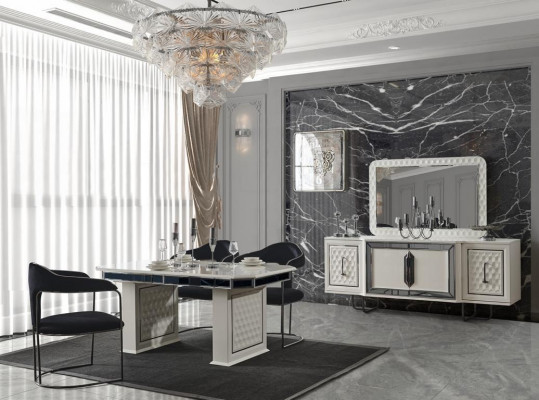 Modern dining room set white dining table 6 chairs white sideboard mirror new