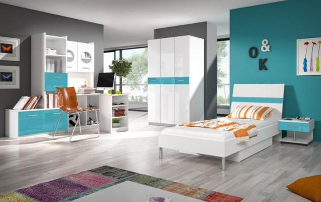 Children's Room Turquoise Modern Wardrobe Dresser Wood Table Bedroom Youth 5-piece Set