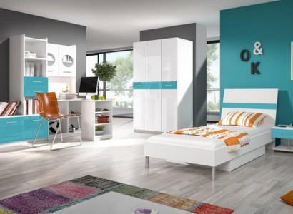 Children's Room Turquoise Modern Wardrobe Dresser Wood Table Bedroom Youth 5-piece Set