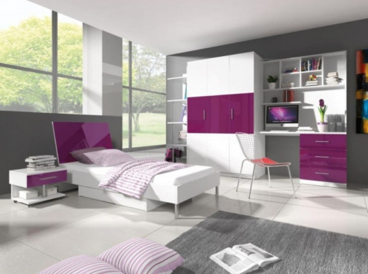 Bedroom Purple Bed 2x Nightstand Desk Child's Bed 5-piece Set.