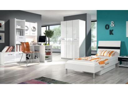 White children's room set wardrobe chest of drawers table wood high-gloss 5-piece set.