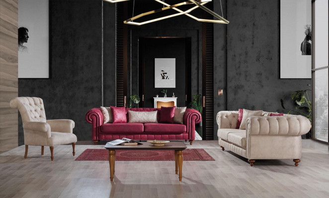 Chesterfield Sofa Couch Suite Seating Group Upholstered Living Room Set 3+3+1