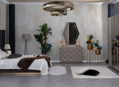 Bedroom bed, nightstand, wardrobe, dresser, mirror, 6-piece set.