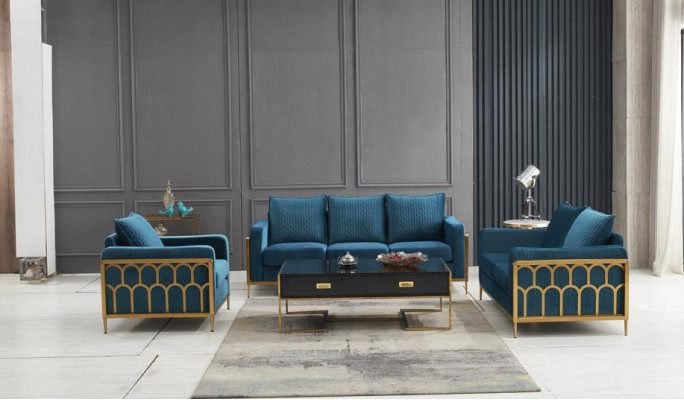 Blue stainless steel sofa set 3+2 seater upholstered couches modern living room sofas