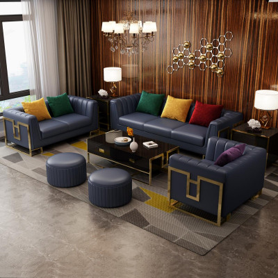 Blue leather sofa set, 3+2 seater set, upholstered sofas, living room couches