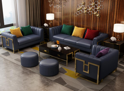 Blue leather sofa set, 3+2 seater set, upholstered sofas, living room couches