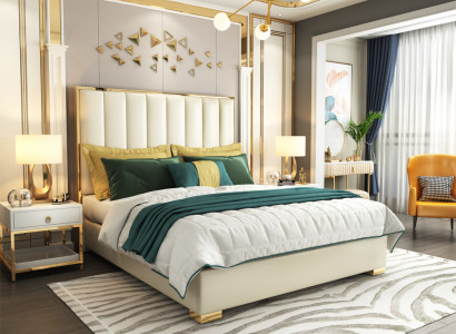 Classic bedroom bed in white textile, leather upholstered double bed.