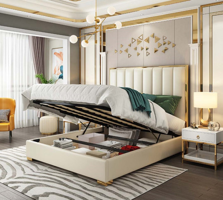 Classic bedroom bed in white textile, leather upholstered double bed.