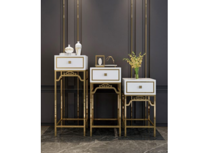 Pedestal Console Table Column Design Shelf – Wood with Stainless Steel High Gloss