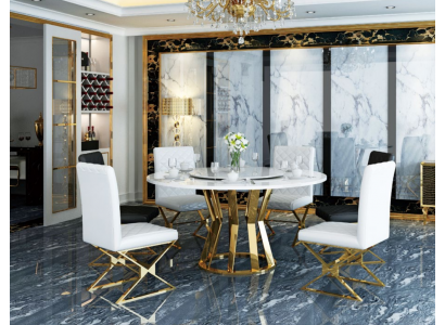 Dining Room Set Modern Dining Table + 6 Armchairs Metal Leather Set