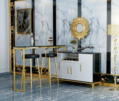Luxury Stainless Steel Glass House Bar 4-Piece Set Bar Table 2x Bar Stool Cabinet