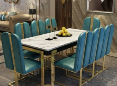 Stainless Steel Marble Imitation Table + 8 Upholstered Chairs Dining Room Set
