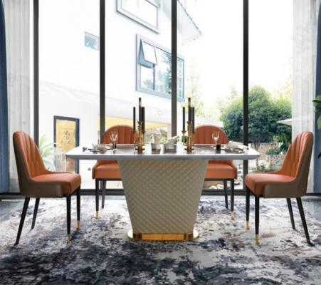 Luxury Dining Table Leather + Stainless Steel Marble Imitation Stone Table Dining Room