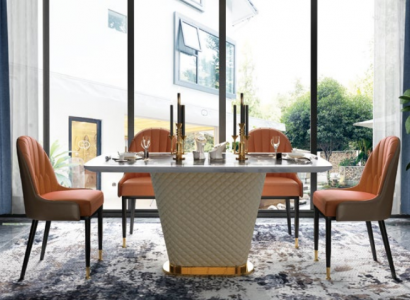 Luxury Dining Table Leather + Stainless Steel Marble Imitation Stone Table Dining Room