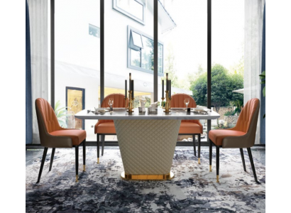 Luxury designer dining room with round dining table & 4 upholstered metal chairs