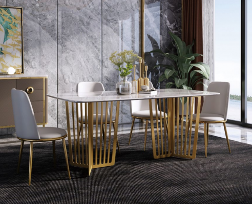Luxury dining table leather + stainless steel marble imitation stone dining room table