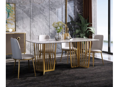 Luxury dining table leather + stainless steel marble imitation stone dining room table