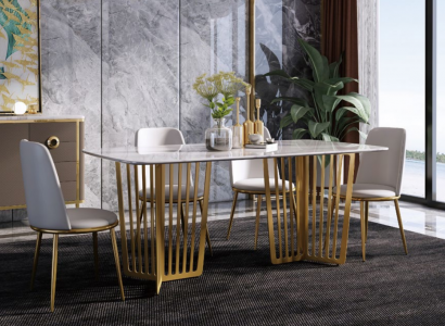 Luxury dining table leather + stainless steel marble imitation stone dining room table
