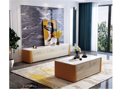 Sideboard TV Lowboard RTV XL Cabinet Coffee Table Marble Imitation 2-piece