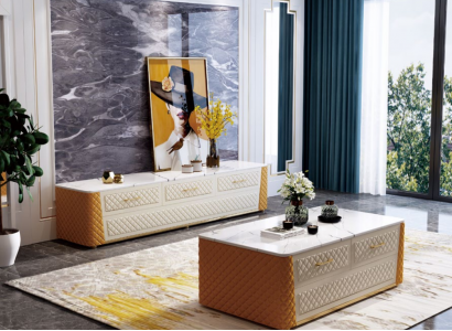 Sideboard TV Lowboard RTV XL Cabinet Coffee Table Marble Imitation 2-piece