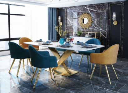 Italian style furniture dining room set upholstered seating table suite 7 pieces.