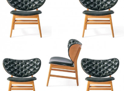 Design chair set of 4x armchairs made from solid wood with upholstered fabric seats for the dining room.
