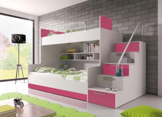 Bunk bed children’s room beds loft bed double-decker bed high-gloss furniture pink.