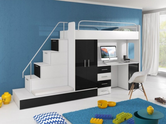 Black children's loft bed bunk bed high gloss bed