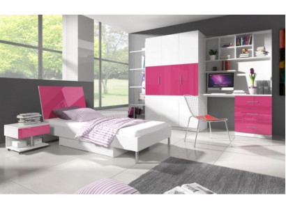 Pink children's room set: bed, nightstand, wardrobe, desk, bookshelf, new, 5-piece.