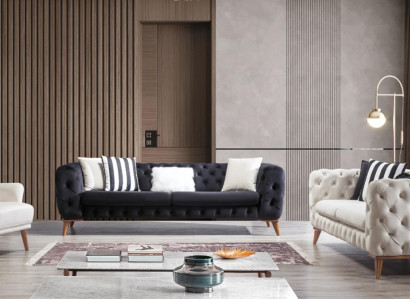 Sofa set 3+3+1 seater black Chesterfield armchair furniture