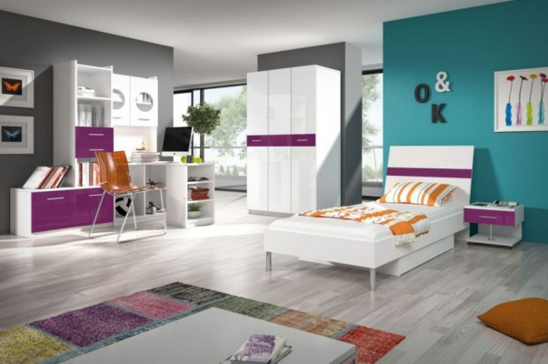 Bed + nightstand bedroom youth room children's room set furniture purple 2-piece.