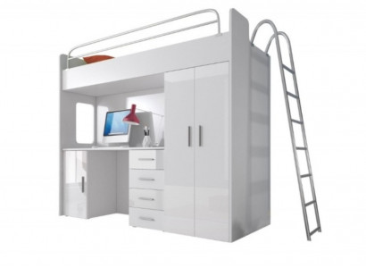 White bunk bed wood loft bed girls high-gloss desk cupboard new