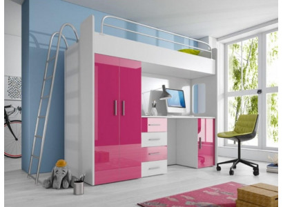 Pink Loft Bed Bunk Bed Wood Girls High Gloss with Desk Wardrobe