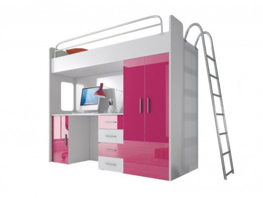 Pink Loft Bed Bunk Bed Wood Girls High Gloss with Desk Wardrobe